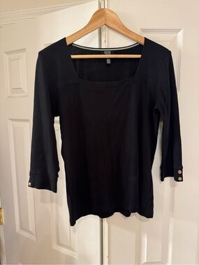 Jones New York Blouse Women’s Cotton Solid Black Squareneck ¾ Sleeves Work Large